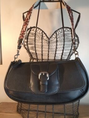 Black Leather Shoulder Bag with Buckle Detail